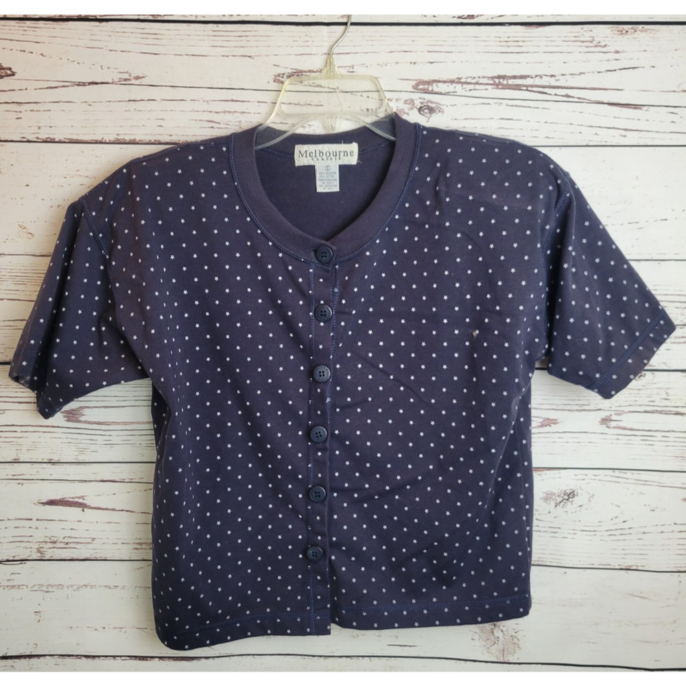 Vtg Melbourne Classix Button Front Top Navy‎ Blue Star Women's Small oversized